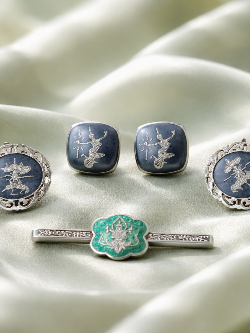 Sterling Silver Blue Enamel Cuff Links Set with Green Enamel Tie Bar